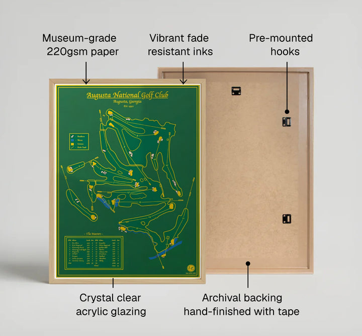 Augusta Georgia golf blueprint artwork capturing the strategic beauty of the course with clear legend boxes and golden fairway outlines. Offered by MapYourDreams, this artwork is available in flexible options including unframed paper, custom wooden frames, and gallery canvas wraps for tailored home wall decor setups.