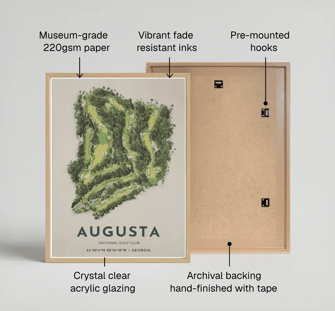 Soft-toned aerial golf map poster capturing the architectural shape and natural perimeter of Augusta Georgia with clean modern typography. Offered by MapYourDreams, this artwork is available in flexible options including unframed paper, custom wooden frames, and gallery canvas wraps for tailored home wall decor setups.