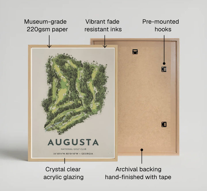 Soft-toned aerial golf map poster capturing the architectural shape and natural perimeter of Augusta Georgia with clean modern typography. Offered by MapYourDreams, this artwork is available in flexible options including unframed paper, custom wooden frames, and gallery canvas wraps for tailored home wall decor setups.