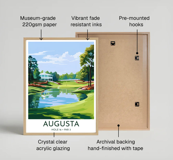 Hole 16 Redbud golf artwork highlighting detailed tree foliage reflections across the still blue-green pond water in Augusta Georgia. Offered by MapYourDreams, this artwork is available in flexible options including unframed paper, custom wooden frames, and gallery canvas wraps for tailored home wall decor setups.