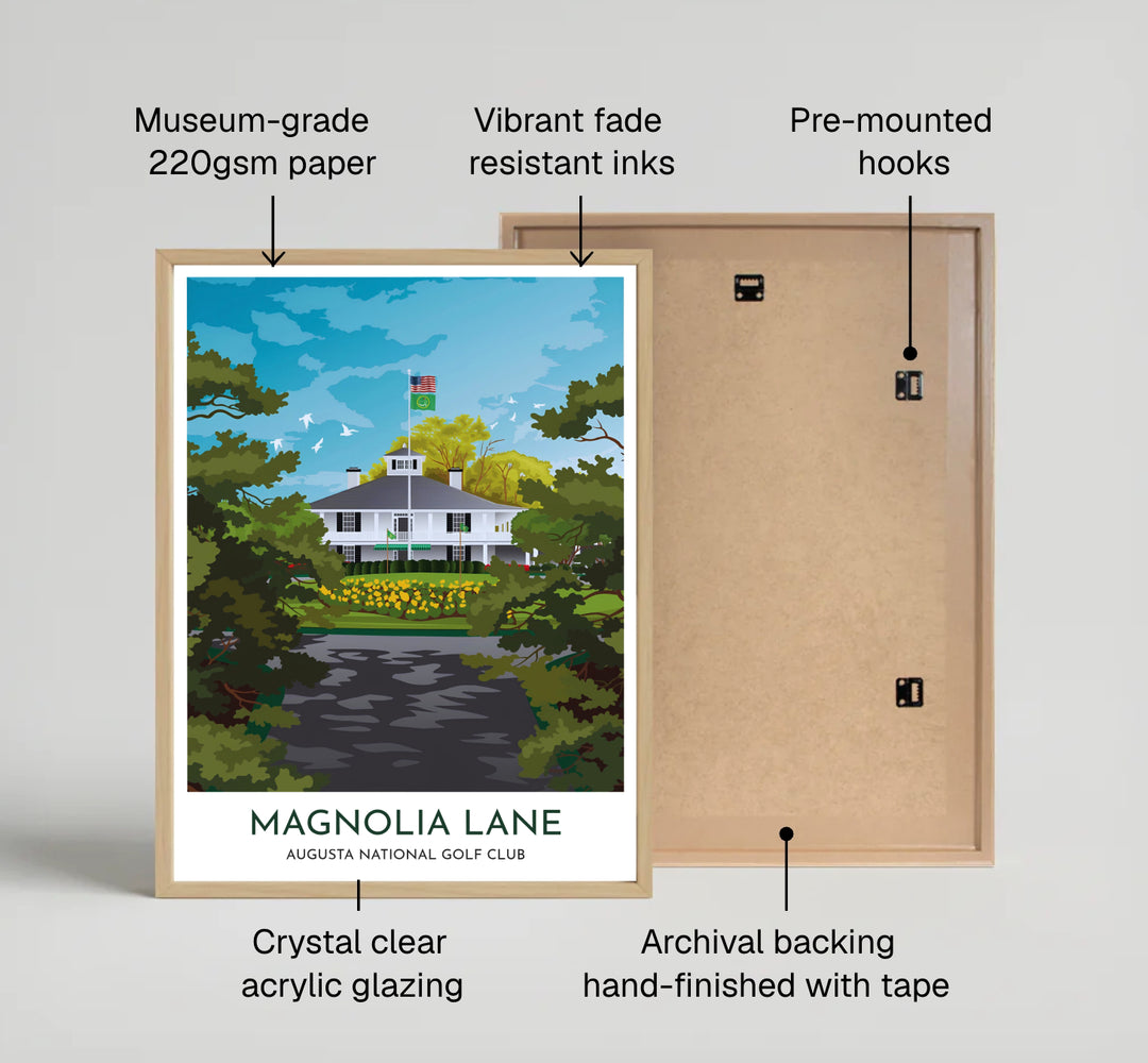 Magnolia Lane clubhouse golf artwork highlighting layered tree branch shadows stretching across the paved entrance avenue in Augusta Georgia. Offered by MapYourDreams, this artwork is available in flexible options including unframed paper, custom wooden frames, and gallery canvas wraps for tailored home wall decor setups.