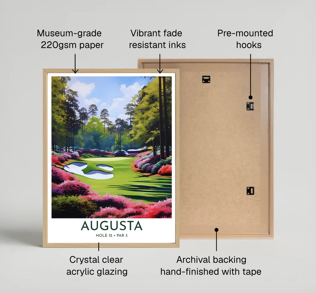 Hole 12 Golden Bell golf artwork highlighting the dense floral embankment of azaleas cascading toward the green in Augusta Georgia. Offered by MapYourDreams, this artwork is available in flexible options including unframed paper, custom wooden frames, and gallery canvas wraps for tailored home wall decor setups.