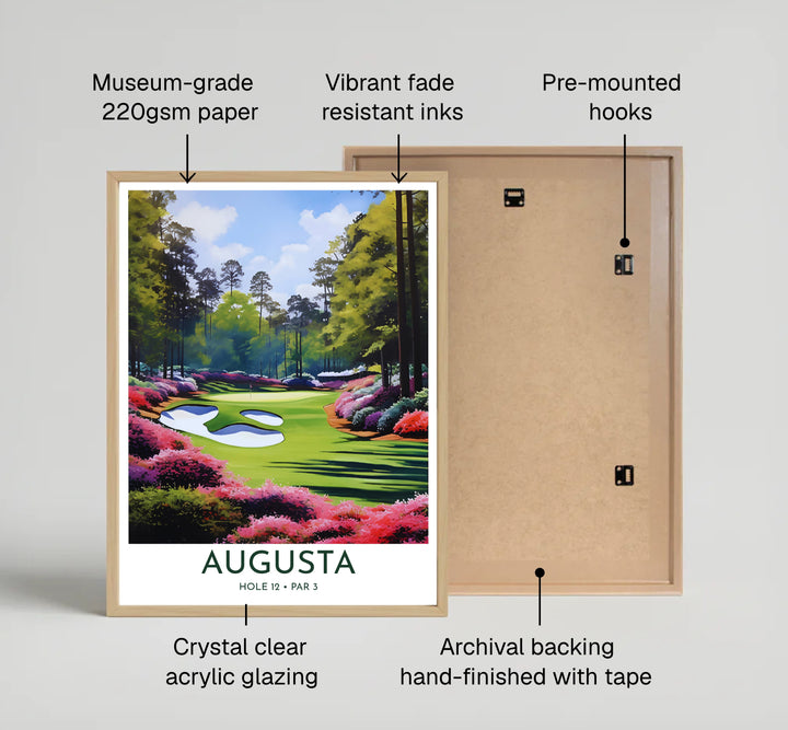 Hole 12 Golden Bell golf artwork highlighting the dense floral embankment of azaleas cascading toward the green in Augusta Georgia. Offered by MapYourDreams, this artwork is available in flexible options including unframed paper, custom wooden frames, and gallery canvas wraps for tailored home wall decor setups.