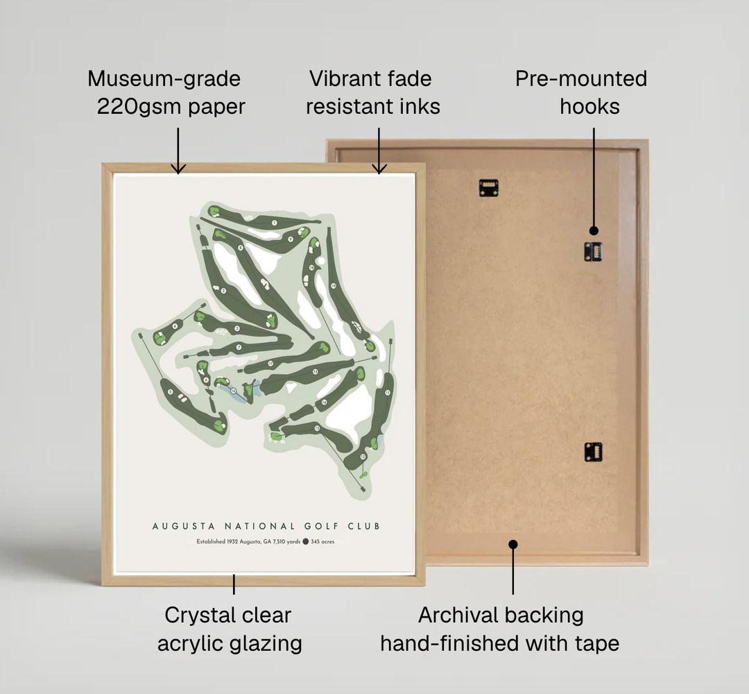 Graphic vector course design print of Augusta National Golf Club showing individual hole numbers inside clean circular markers across a muted olive and forest green palette. Offered by MapYourDreams, this artwork is available in flexible options including unframed paper, custom wooden frames, and gallery canvas wraps.