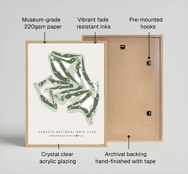 Graphic vector course design print of Augusta National Golf Club showing individual hole numbers inside clean circular markers across a muted olive and forest green palette. Offered by MapYourDreams, this artwork is available in flexible options including unframed paper, custom wooden frames, and gallery canvas wraps.