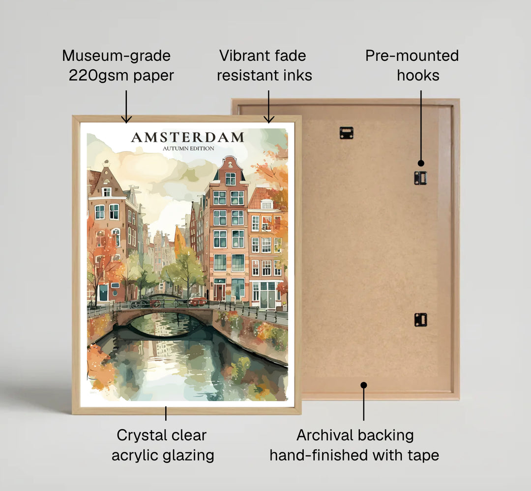 Scenic Dutch cityscape poster with warm fall foliage, reflections, and gabled architecture along an Amsterdam canal, produced by MapYourDreams with available options for an unframed paper print, gallery canvas art, or custom frame choices in pure gold, silver, and retro black.