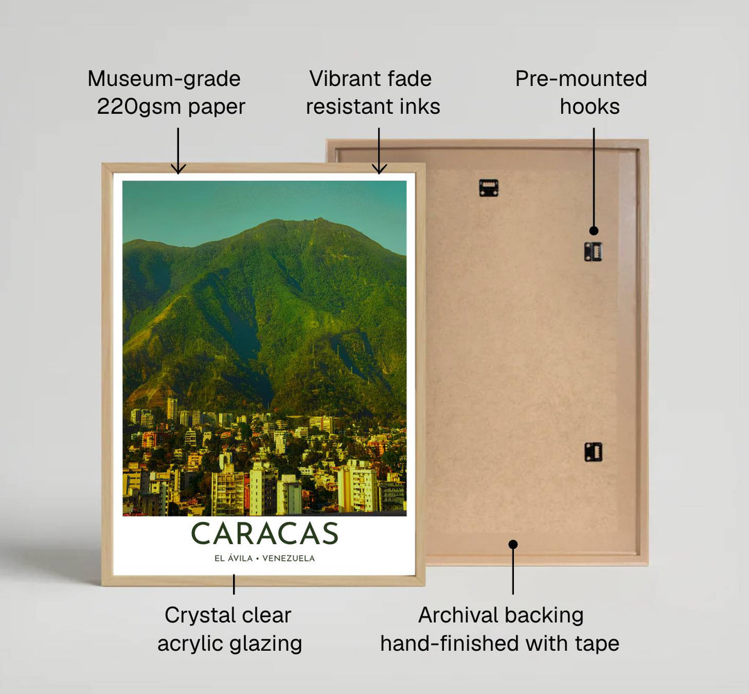 Vibrant urban travel art print capturing the tropical afternoon glow, mountain shadows, and city energy of Caracas. Offered by MapYourDreams, customers can choose between standalone paper prints, ready-to-hang wooden frames, and gallery canvas wraps.