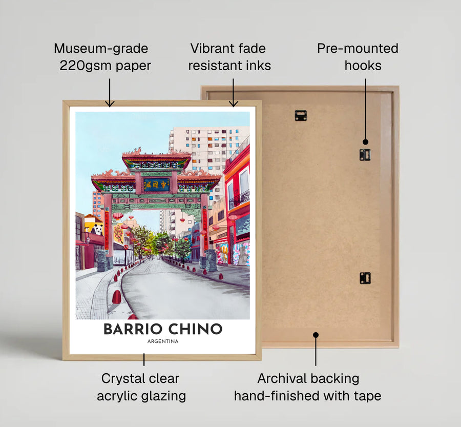 Painterly watercolor streetscape poster of Barrio Chino in Argentina depicting trees, shops, and stone guardian lions guarding the avenue. Available directly from MapYourDreams, this print comes in versatile mediums including roll-packed paper, custom frames, or stretched canvas wraps.