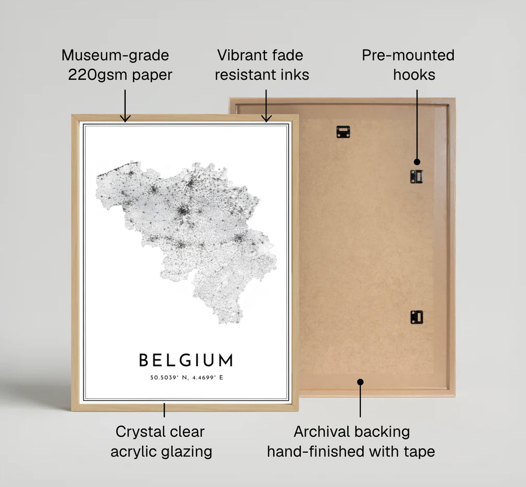 A black and white country map print depicting the interconnected road system and regional routes of Belgium in high contrast. Offered by MapYourDreams, this artwork is available in flexible options including unframed paper, custom wooden frames, and gallery canvas wraps.