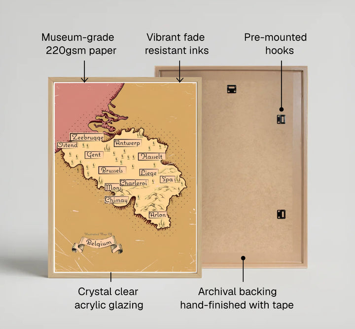 A sepia-toned country map print depicting the geographic contours of Belgium with antique calligraphic town tags and forest illustrations. Offered by MapYourDreams, this artwork is available in flexible options including unframed paper, custom wooden frames, and gallery canvas wraps.