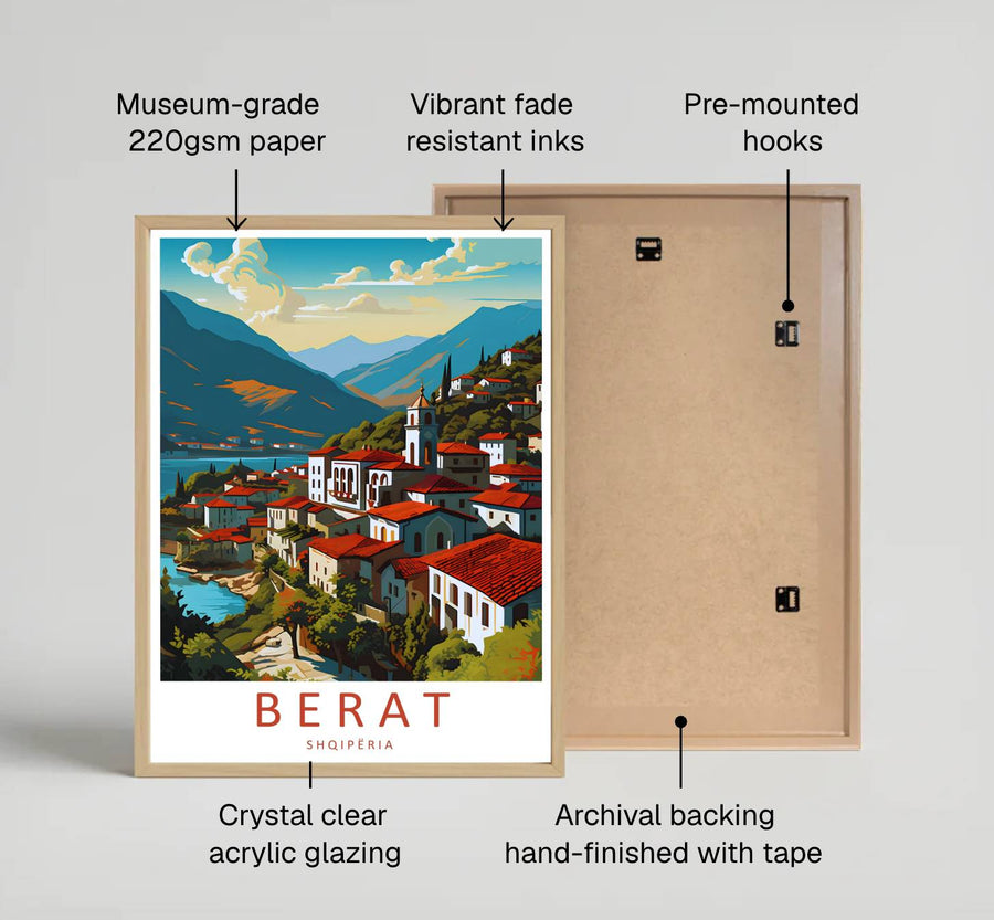 Geographic travel poster of Albania highlighting Berat&