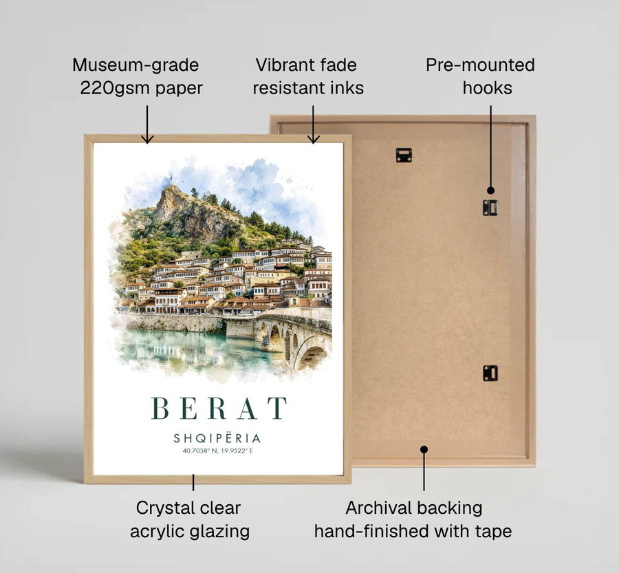 Geographic travel poster of Albania highlighting Berat&