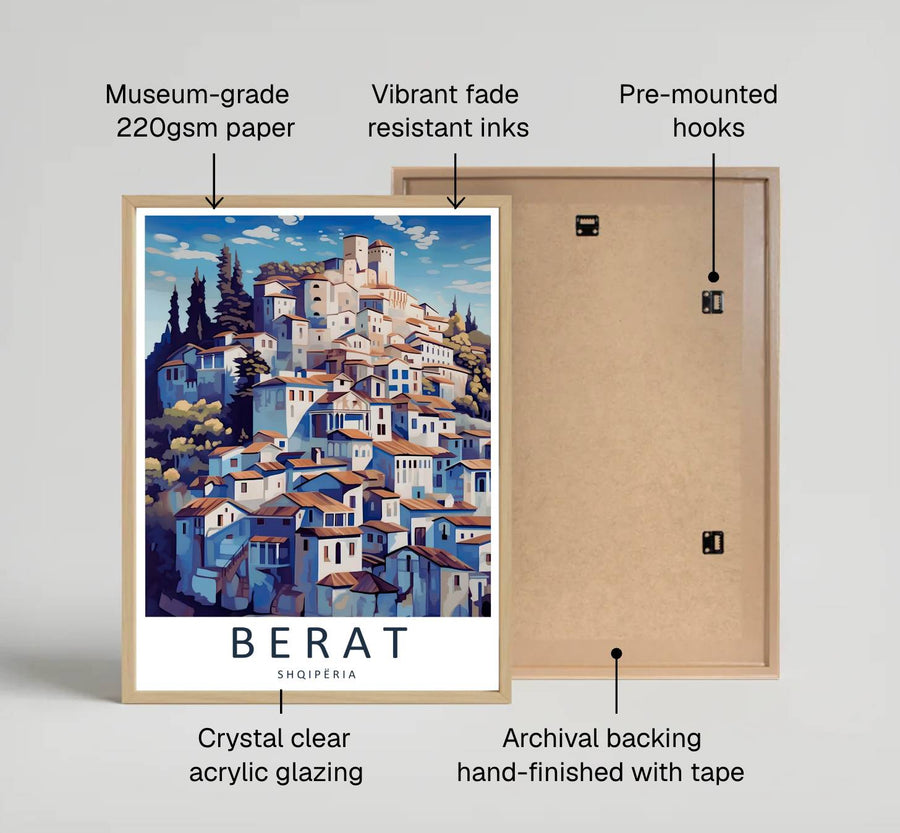 Modern graphic travel artwork showing Berat Albania on archival stock with refined typography reading Berat Shqipëria for your stylish home decor. Offered by MapYourDreams, this artwork is available in flexible options including unframed paper, custom wooden frames, and gallery canvas wraps.