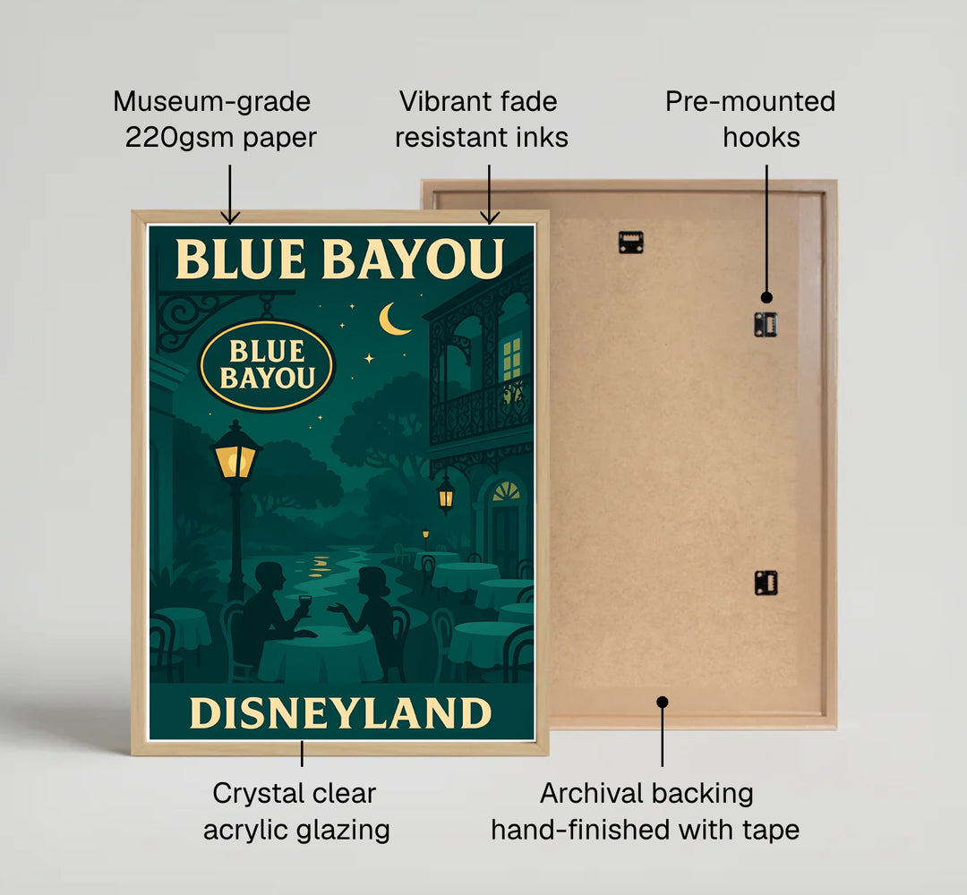 Nostalgic Disneyland venue print of the Blue Bayou rendered in rich teal night gradients and warm lamp lighting, produced by MapYourDreams with available product options including fine art unframed paper, stretched canvas, or custom framed decor to elevate living room gallery arrangements.