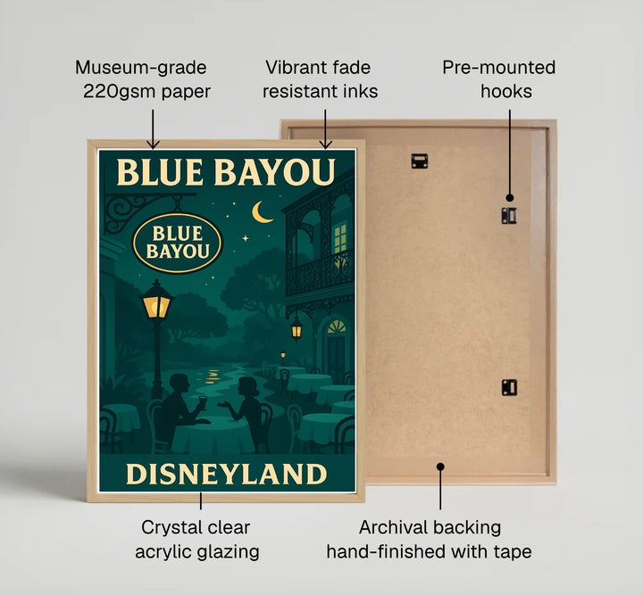 Nostalgic Disneyland venue print of the Blue Bayou rendered in rich teal night gradients and warm lamp lighting, produced by MapYourDreams with available product options including fine art unframed paper, stretched canvas, or custom framed decor to elevate living room gallery arrangements.