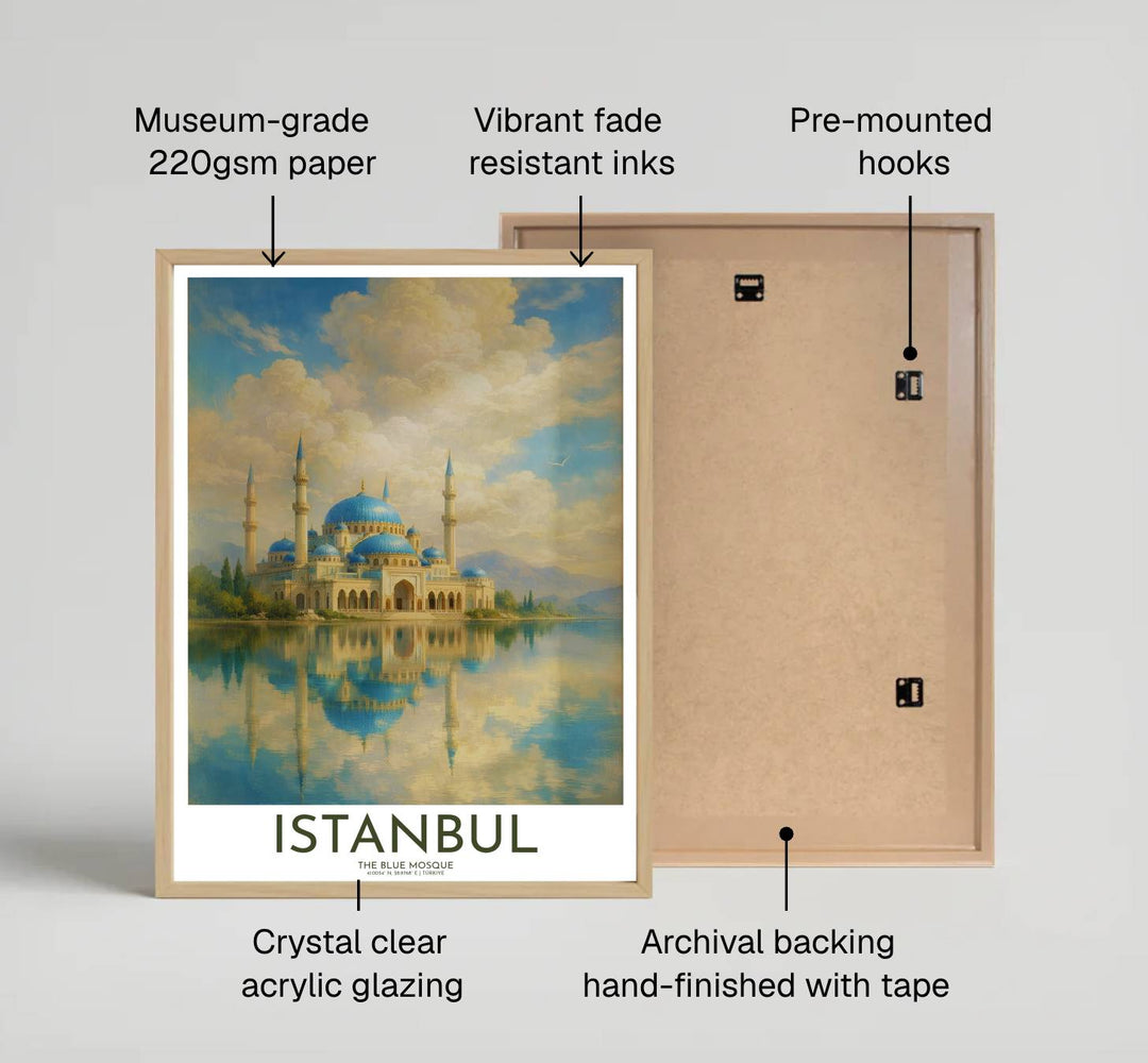 Fine art landscape print of Istanbul Blue Mosque lake reflection printed on premium 220gsm professional matte archival paper. Distributed by MapYourDreams, this artwork is available in flexible options including unframed paper, custom wooden frames, and gallery canvas wraps for stylish wall decor.