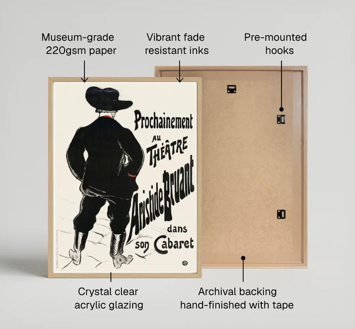 Vintage French cabaret poster Bruant Au Mirliton (1894), Henri de Toulouse-Lautrec displaying iconic graphic typography in Paris, France. MapYourDreams offers premium framed prints, unframed options, and stretched canvas wall decor to bring vintage Montmartre art heritage into living rooms.