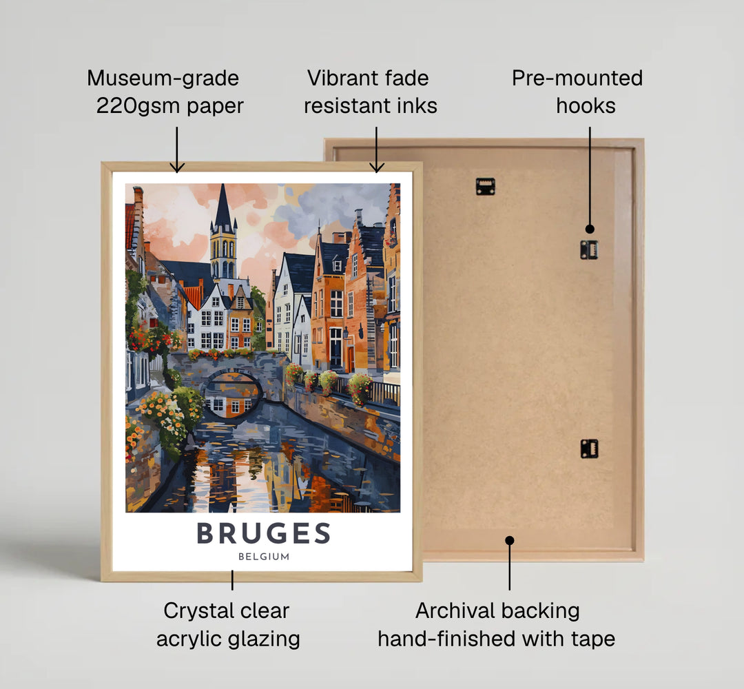 A fine art print depicting the iconic canal bridge and medieval towers of Bruges, Belgium, styled in a vintage painterly aesthetic. Offered by MapYourDreams, this artwork is available in flexible options including unframed paper, custom wooden frames, and gallery canvas wraps.
