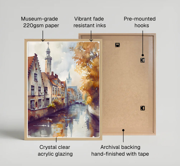 A fine art watercolor print featuring the iconic canal waterways and tall towers of Bruges, Belgium, painted in warm fall tones and soft washes. Offered by MapYourDreams, this artwork is available in flexible options including unframed paper, custom wooden frames, and gallery canvas wraps.