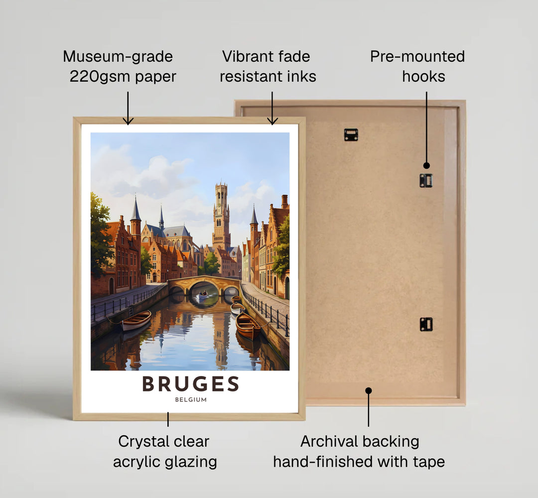A fine art travel print featuring the historic Belfry Tower, stone arch bridges, and water reflections of Bruges, Belgium, in a clean illustrated style. Offered by MapYourDreams, this artwork is available in flexible options including unframed paper, custom wooden frames, and gallery canvas wraps.
