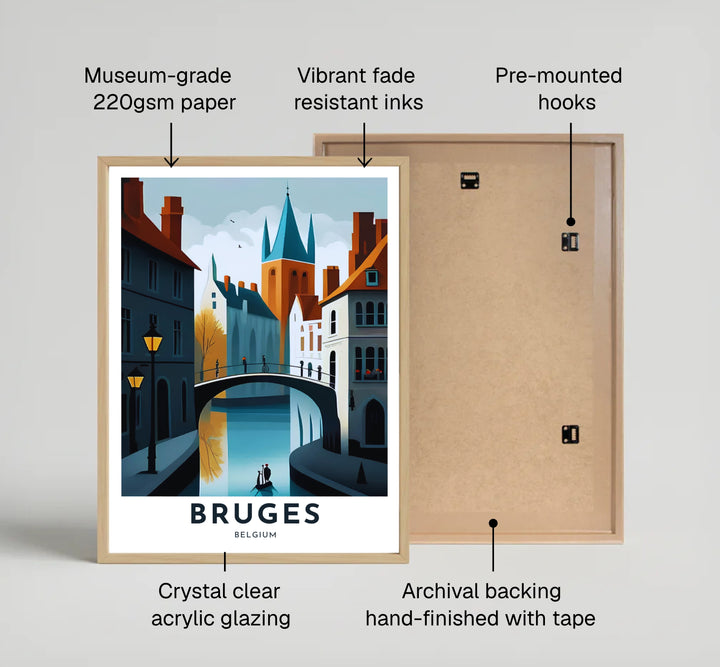 A fine art graphic travel print featuring the canal bridge, glowing lanterns, and teal church spires of Bruges, Belgium, in a sleek modern aesthetic. Offered by MapYourDreams, this artwork is available in flexible options including unframed paper, custom wooden frames, and gallery canvas wraps.