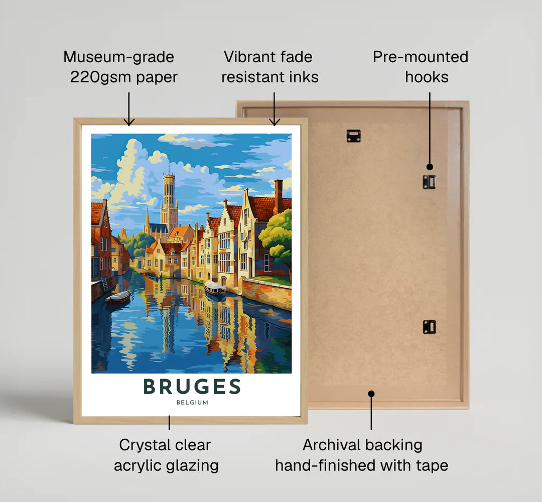 A fine art travel print featuring the historic Belfry Tower and luminous water reflections of Bruges, Belgium, rendered in an energetic pop-art style. Offered by MapYourDreams, this artwork is available in flexible options including unframed paper, custom wooden frames, and gallery canvas wraps.