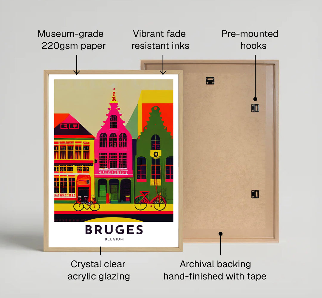 A fine art travel print featuring the historic step-gabled architecture and street scene of Bruges, Belgium, designed with bold electric pop art colors. Offered by MapYourDreams, this artwork is available in flexible options including unframed paper, custom wooden frames, and gallery canvas wraps.