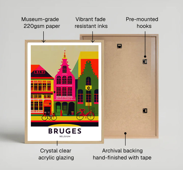 A fine art travel print featuring the historic step-gabled architecture and street scene of Bruges, Belgium, designed with bold electric pop art colors. Offered by MapYourDreams, this artwork is available in flexible options including unframed paper, custom wooden frames, and gallery canvas wraps.