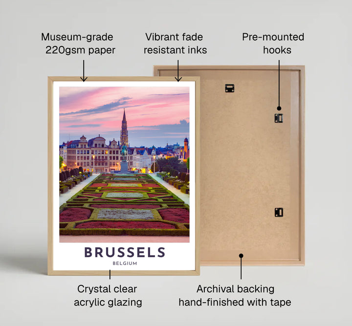 A picturesque landscape poster highlighting the crimson and green hedge layout of Mont des Arts in Brussels, Belgium, bathed in warm evening light. Offered by MapYourDreams, this artwork is available in flexible options including unframed paper, custom wooden frames, and gallery canvas wraps.