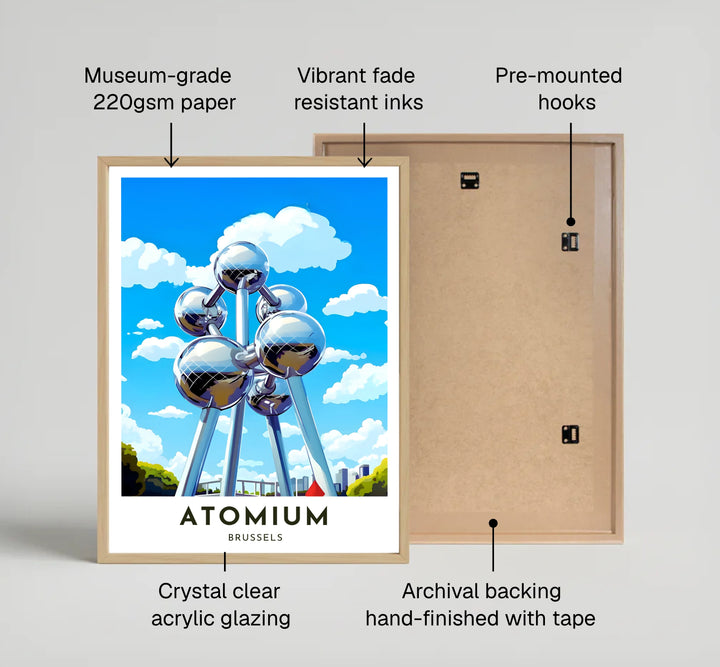 A striking blue sky poster highlighting the atomic crystal structure of the Atomium in Brussels, Belgium, set above green trees. Offered by MapYourDreams, this artwork is available in flexible options including unframed paper, custom wooden frames, and gallery canvas wraps.