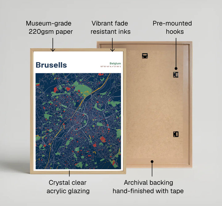 A stylish dark navy map poster outlining the central avenues and surrounding neighborhoods of Brussels, Belgium. Offered by MapYourDreams, this artwork is available in flexible options including unframed paper, custom wooden frames, and gallery canvas wraps.
