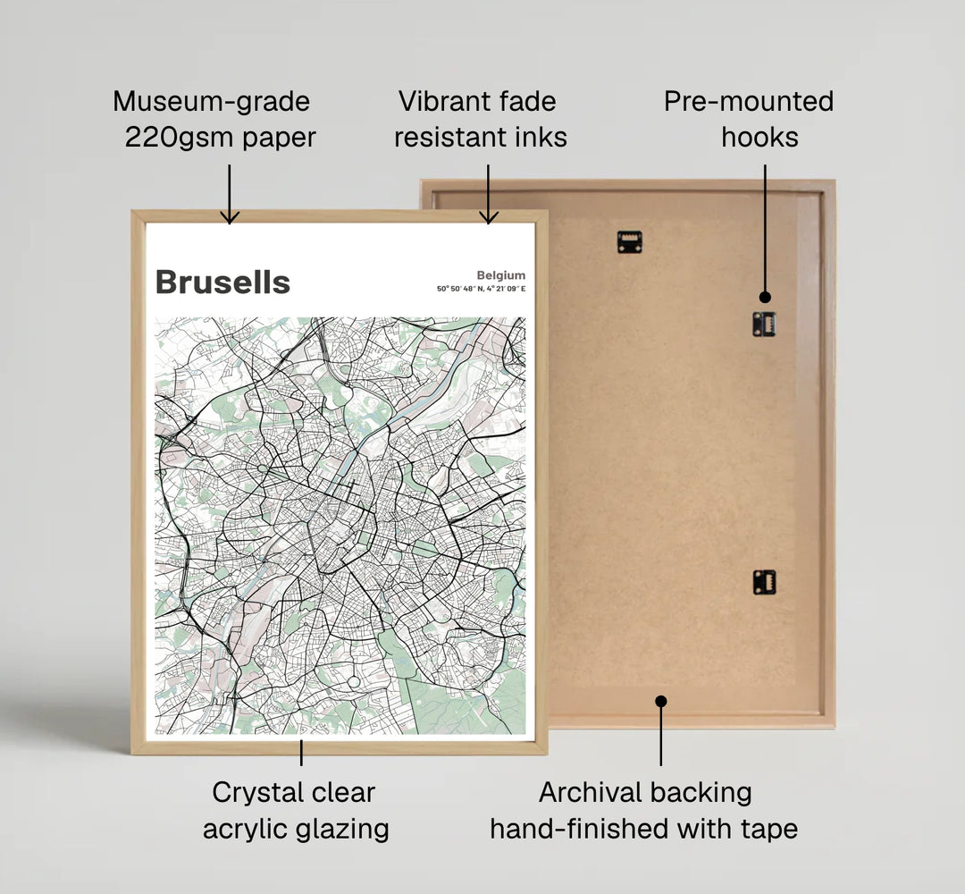 Minimalist travel decor featuring a detailed street map of Brussels, Belgium, with clean black grid lines and bold header typography. Available across multiple options including unframed art paper, custom framed poster styles, and gallery canvas wall displays.
