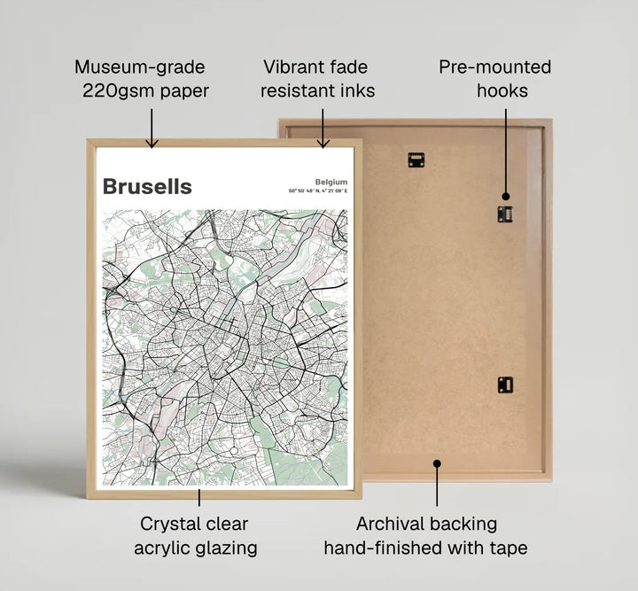 Minimalist travel decor featuring a detailed street map of Brussels, Belgium, with clean black grid lines and bold header typography. Available across multiple options including unframed art paper, custom framed poster styles, and gallery canvas wall displays.