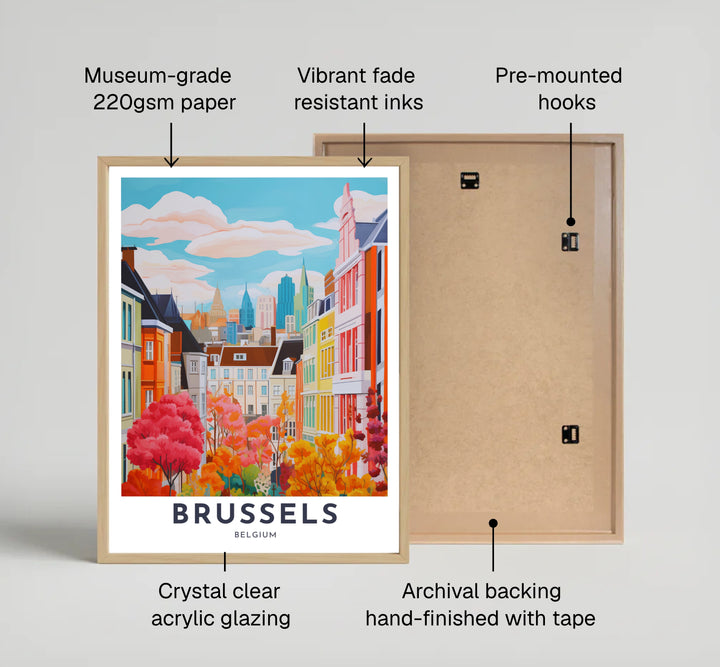 A cheerful colorful travel poster of Brussels, Belgium, blending European heritage architecture with vibrant fall foliage and pastel sky clouds. Offered by MapYourDreams, this artwork is available in flexible options including unframed paper, custom wooden frames, and gallery canvas wraps.