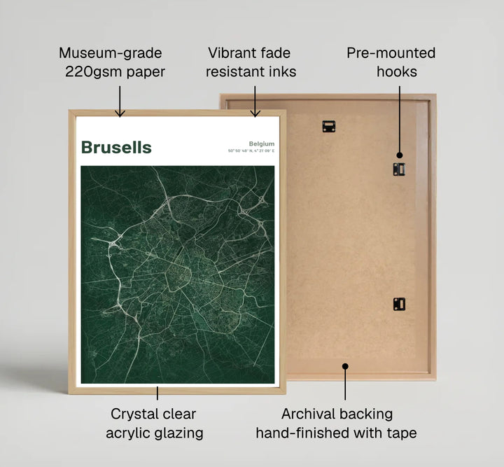 A stylish dark green map poster outlining the central avenues and surrounding neighborhoods of Brussels, Belgium. Offered by MapYourDreams, this artwork is available in flexible options including unframed paper, custom wooden frames, and gallery canvas wraps.