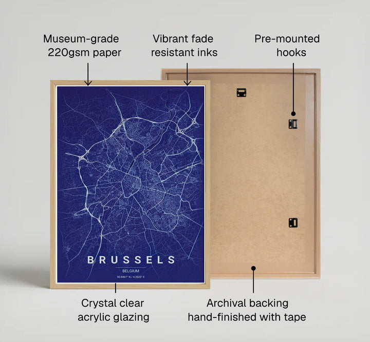 A stylish dark blue map poster outlining the central avenues and surrounding districts of Brussels, Belgium. Offered by MapYourDreams, this artwork is available in flexible options including unframed paper, custom wooden frames, and gallery canvas wraps.