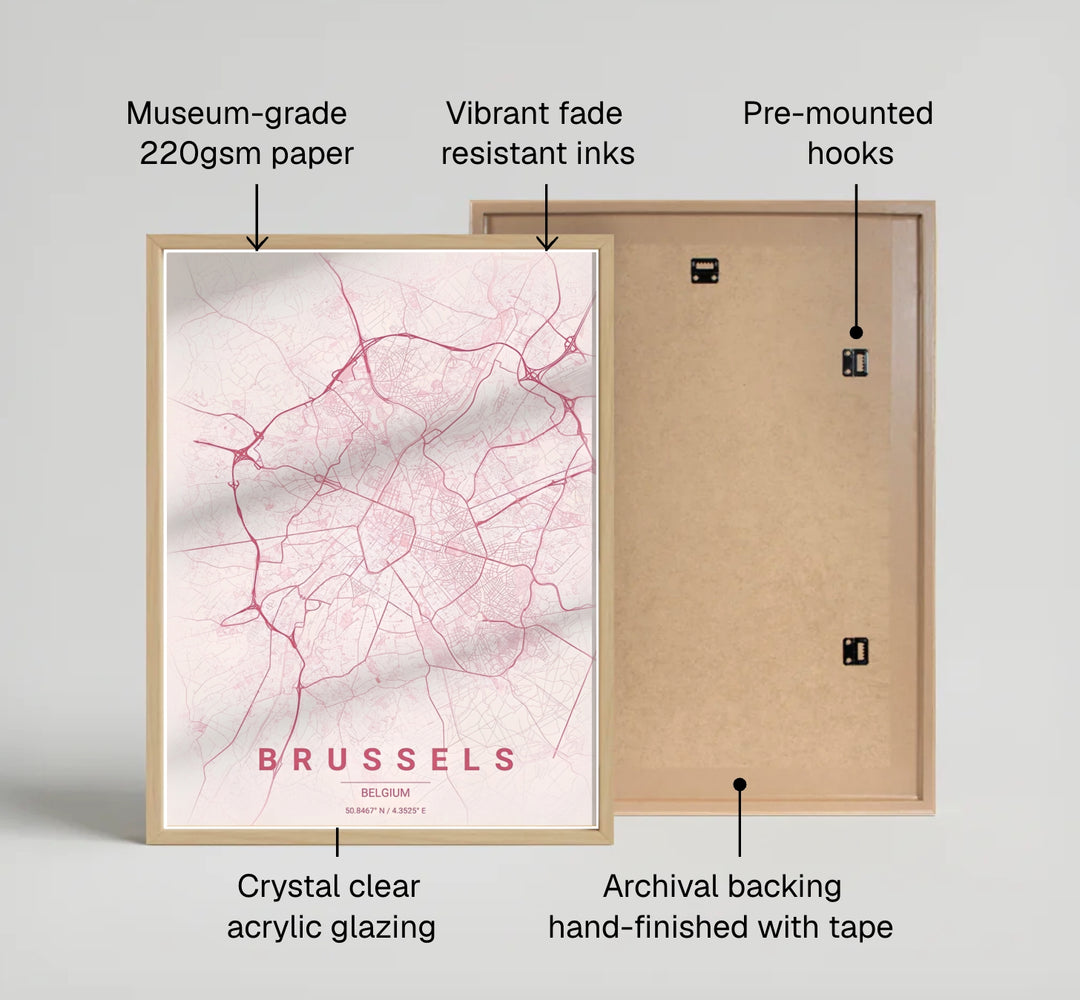 Minimalist travel decor featuring a detailed street map of Brussels, Belgium, with rose line contrast and clean bottom typography. Available across multiple options including unframed art paper, custom framed poster styles, and gallery canvas wall displays.