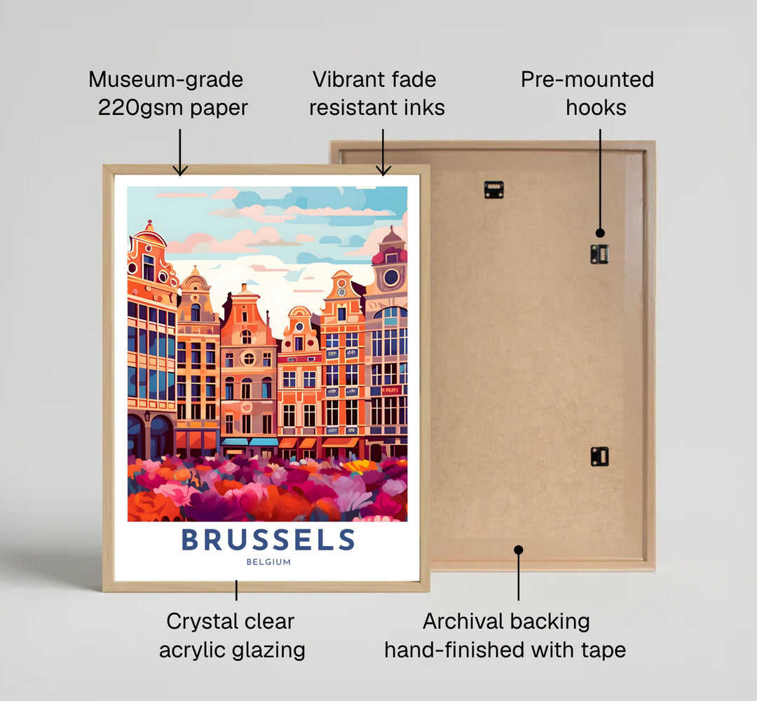 Minimalist European travel artwork featuring a lush flower carpet before the landmark buildings of Brussels Grand Place in Belgium. Available across multiple options including unframed art paper, custom framed poster styles, and gallery canvas wall displays.