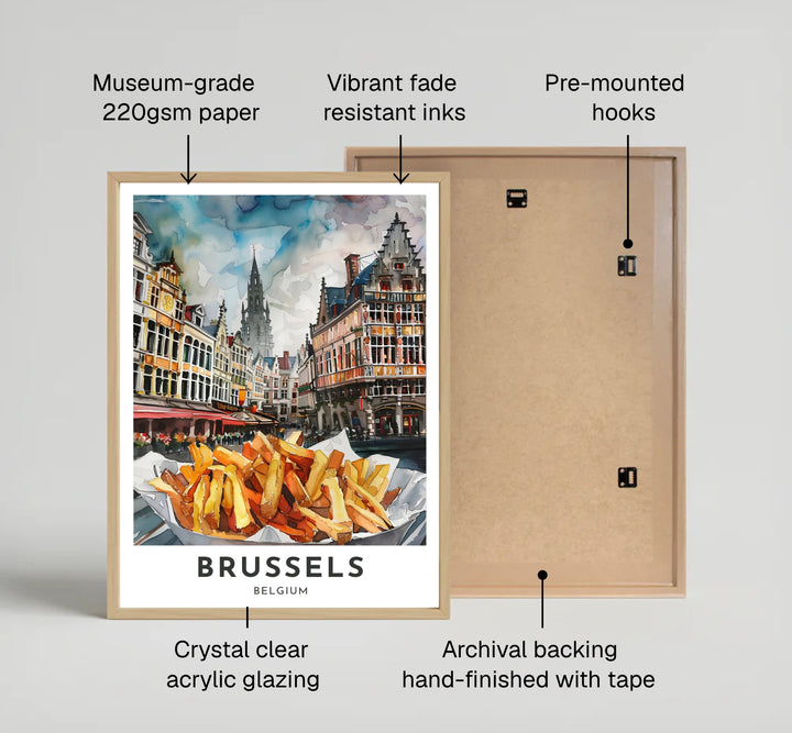 A charming culinary art print illustrating traditional Belgian fries in front of the historic Town Hall and guild houses of Brussels Grand Place in Belgium. Offered by MapYourDreams, this artwork is available in flexible options including unframed paper, custom wooden frames, and gallery canvas wraps.