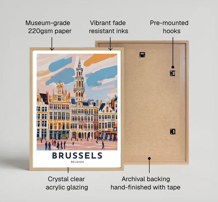 A charming architectural art print depicting the decorative spires and rooflines of Brussels Grand Place in Belgium. Offered by MapYourDreams, this artwork is available in flexible options including unframed paper, custom wooden frames, and gallery canvas wraps.