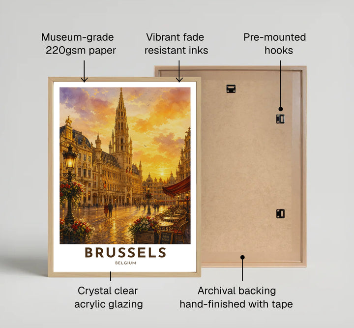 A beautiful architectural art print capturing the glowing dusk skyline and intricate spire of Brussels Grand Place in Belgium. Offered by MapYourDreams, this artwork is available in flexible options including unframed paper, custom wooden frames, and gallery canvas wraps.