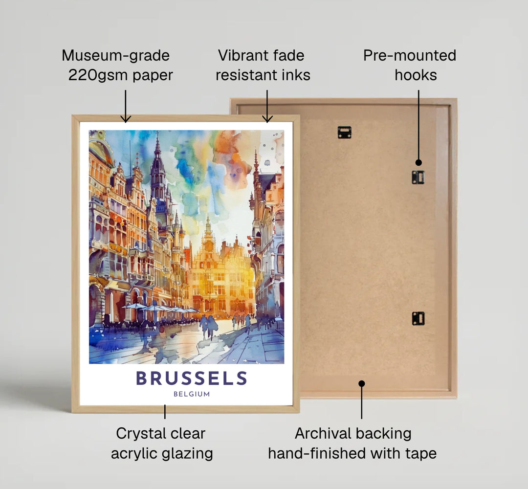 A beautiful watercolor city print highlighting the delicate Gothic spires and Baroque facades of Brussels Grand Place in Belgium. Offered by MapYourDreams, this artwork is available in flexible options including unframed paper, custom wooden frames, and gallery canvas wraps.