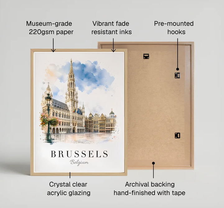 A beautiful watercolor city print highlighting the towering Gothic spire and decorative roofs of Brussels Grand Place in Belgium. Offered by MapYourDreams, this artwork is available in flexible options including unframed paper, custom wooden frames, and gallery canvas wraps.