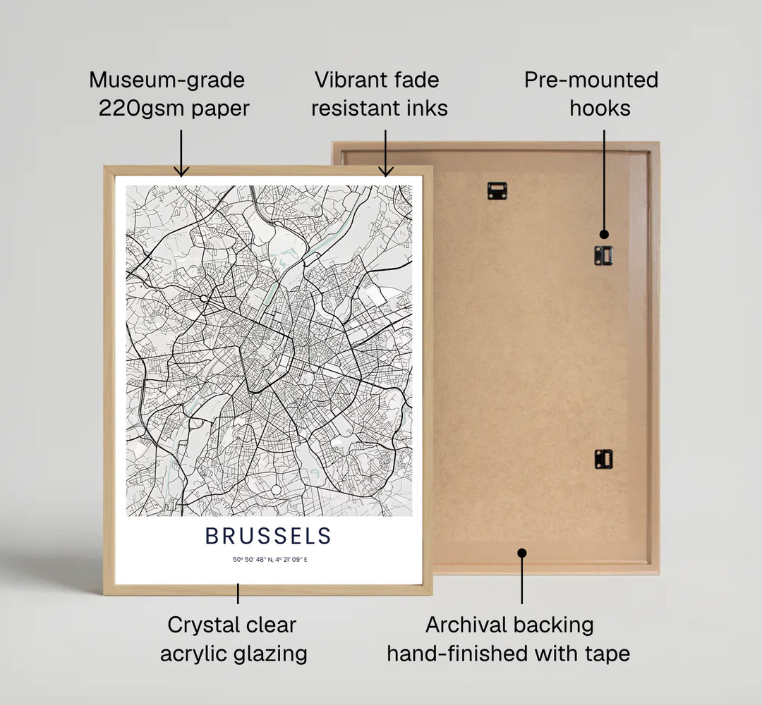 A sleek minimalist map print highlighting the road hierarchy and central districts of Brussels in Belgium in sharp black and off-white tones. Offered by MapYourDreams, this artwork is available in flexible options including unframed paper, custom wooden frames, and gallery canvas wraps.