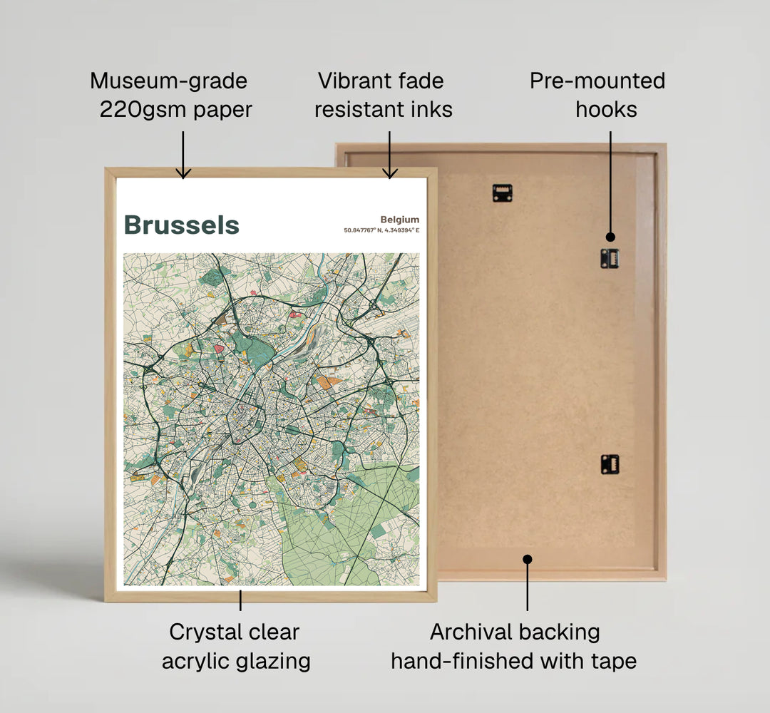 A beautiful cartographic map print highlighting the road layout, canals, and green spaces of Brussels in Belgium. Offered by MapYourDreams, this artwork is available in flexible options including unframed paper, custom wooden frames, and gallery canvas wraps.