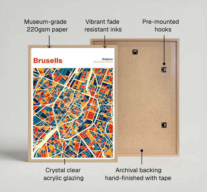 A striking geometric map print highlighting the street plan and neighborhood blocks of Brussels in Belgium in rich pop-art tones. Offered by MapYourDreams, this artwork is available in flexible options including unframed paper, custom wooden frames, and gallery canvas wraps.
