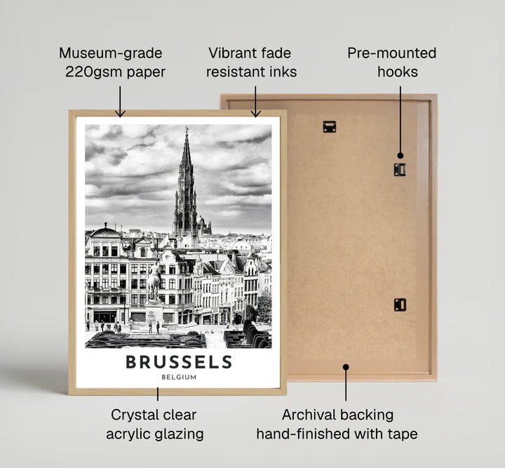 A beautiful black and white architectural poster highlighting the Town Hall spire rising above the historic rooftops of Brussels, Belgium. Offered by MapYourDreams, this artwork is available in flexible options including unframed paper, custom wooden frames, and gallery canvas wraps.