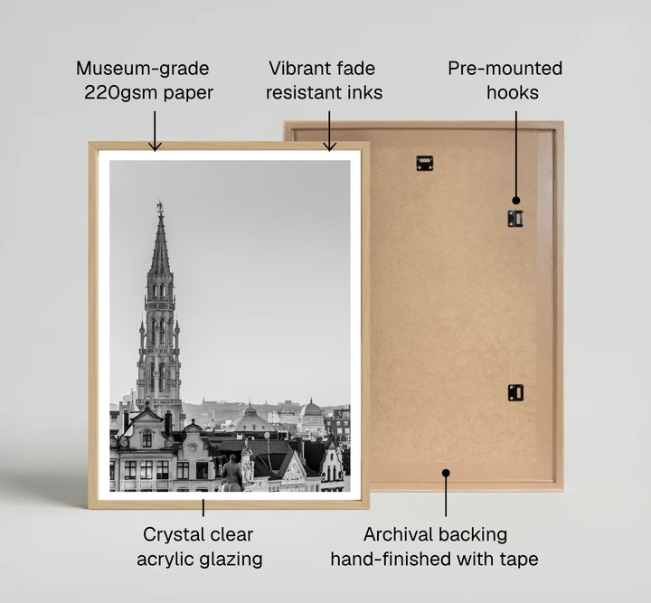 Elegant monochrome cityscape art print featuring the grand spire rising above historic guildhalls in Brussels, Belgium. Offered by MapYourDreams, this artwork is available in flexible options including unframed paper, custom wooden frames, and gallery canvas wraps.