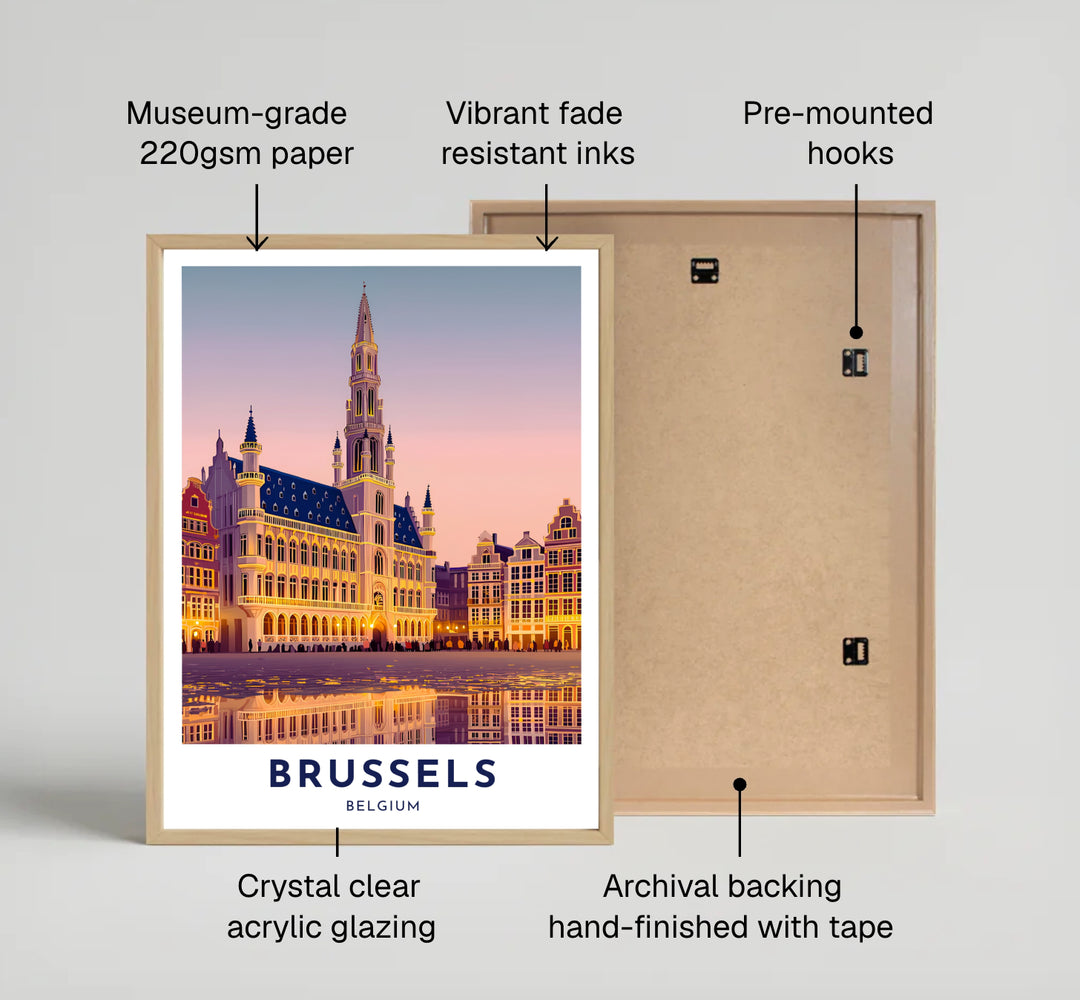A romantic cityscape print capturing the golden light glowing from the windows of the Grand Place in Brussels, Belgium. Offered by MapYourDreams, this artwork is available in flexible options including unframed paper, custom wooden frames, and gallery canvas wraps.