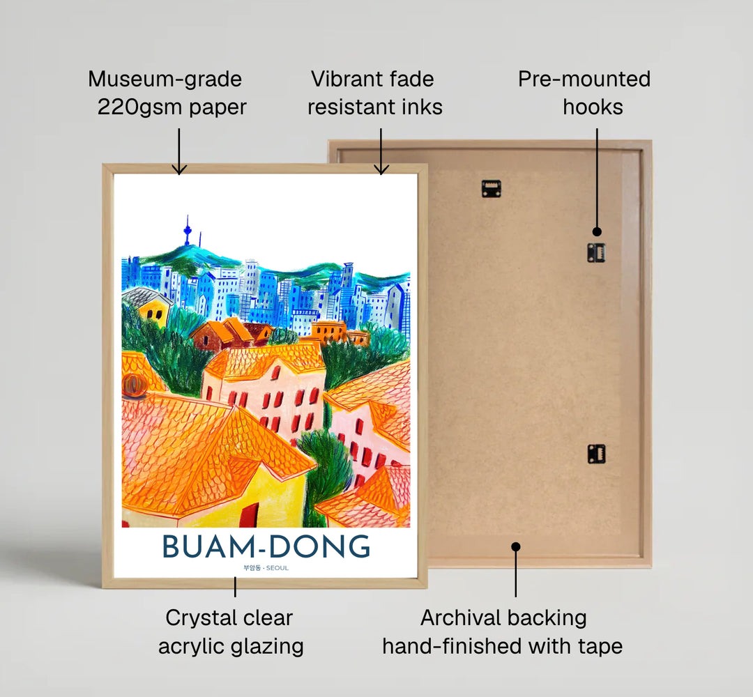 Textured colored pencil landscape print of Buam-dong, Seoul, showcasing warm yellow and terracotta houses contrasted against deep cobalt blue mountain ridges and N Seoul Tower. Offered by MapYourDreams, this artwork is available in flexible options including unframed paper, custom wooden frames, and gallery canvas wraps.